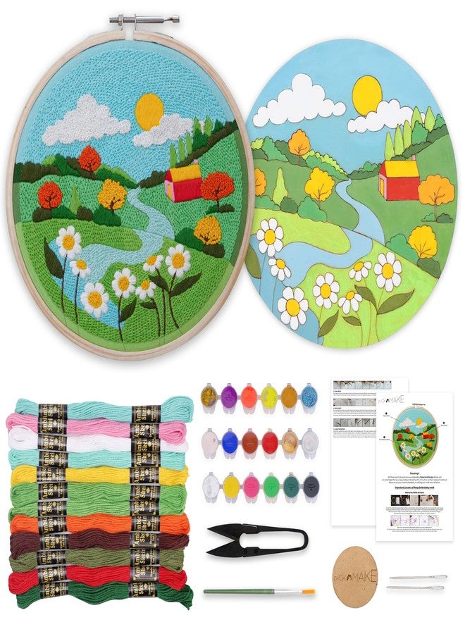 picknMAKE DIY Landscape Beginners Embroidery & MDF Painting Combo Kit | Art & Craft Kit for Adults & Kids | Includes Threads, Frame, Fabric, Needle, Colors, MDF Board & More | Ideal Gift & Hobby Kit - Image 1